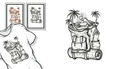 A hand drawn illustration depicting a backpack with a tropical island scene nestled inside, ideal for apparel prints.