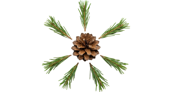 Pine cone and needles arranged in a starburst pattern.