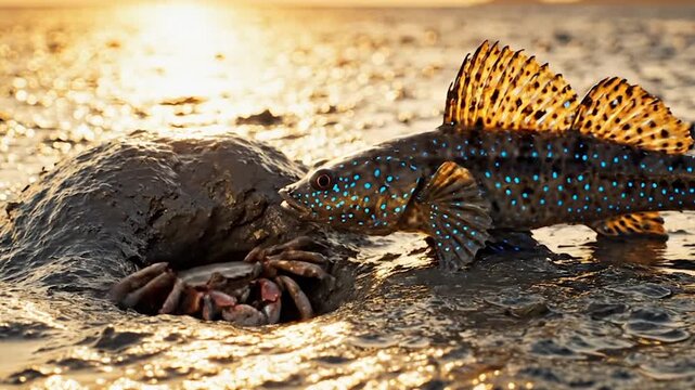 Territory on the Tideland: Cinematic Macro of a Mudskipper's Dynamic Chase
