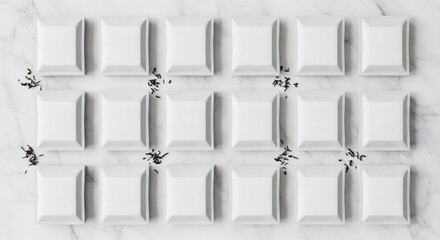 Grid of Blank White Square Sachets Mockup on Marble Background with Tea Leaves