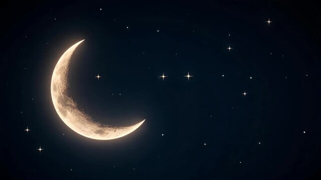 Ethereal crescent moon and stars shimmer peacefully in the night sky, creating a relaxing, dreamlike sequence perfect for bedtime stories or tranquil scenes