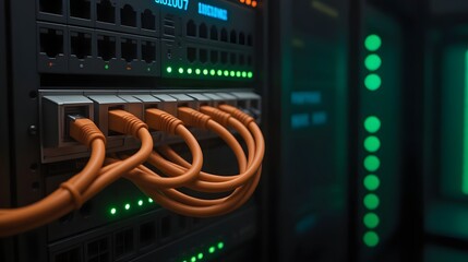 Power your business with a secure, reliable network connection thanks to this data center with orange cables and glowing green lights for server solutions