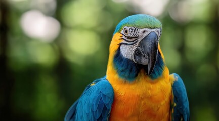 Obraz premium Brightly colored blue and yellow macaw parrot resting in a tropical environment, showing vibrant feathers and detailed face