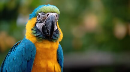 Fototapeta premium Close up of a vibrant blue and yellow macaw bird with colorful feathers in its tropical habitat, looking forward