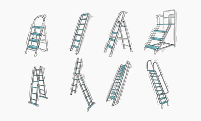Set of hand drawn illustration of step ladders and similar climbing tools in different configurations.