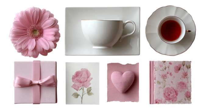 Elegant Pink Floral Arrangement with Coffee Cup and Gifts on White Background