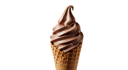 Delicious Chocolate Soft Serve Ice Cream in a Crisp Waffle Cone, Perfectly Swirled and Isolated on a Clean White Background A Tempting and Refreshing Sweet Dessert Treat for Food Concepts and Adv