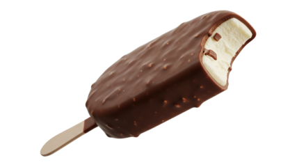 Delicious Chocolate-Coated Ice Cream Bar with a Bite Taken, Showcasing Creamy Vanilla or Classic Flavor on a Wooden Stick. Isolated on a Clean White Background, this Perfect Frozen Dessert Offers