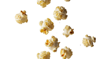Delicious Golden Popcorn Kernels Flying and Falling in Mid-Air Against a Clean White Background, Ideal for Food Advertising, Snack Promotions, Movie Night Themes, and Cinematic Concepts
