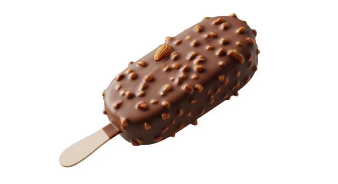 Delicious Chocolate Almond Crunch Ice Cream Bar on a Stick, Isolated on a Clean White Background. A Tempting Frozen Dessert Perfect for Sweet Cravings and Refreshing Summer Treats.