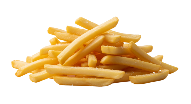 Delicious Golden French Fries with Salt, Crispy Potato Sticks on White Background. Tempting Fast Food Snack or Side Dish, Perfect for Menus, Advertisements, and Comfort Food Concepts.