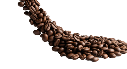 Dynamic cascade of rich roasted coffee beans against a crisp white background, perfect for energizing beverage concepts, gourmet food branding, and coffee shop promotions.