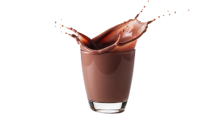 Dynamic chocolate milk splash in a clear glass, isolated on a pristine white background, showcasing refreshing liquid movement for sweet beverage advertising and delicious drink concepts.