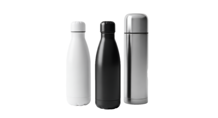 Diverse set of insulated drink bottles and thermal flasks on a pristine white background. This collection includes a sleek matte black bottle, an elegant glossy white bottle, and a classic stainl