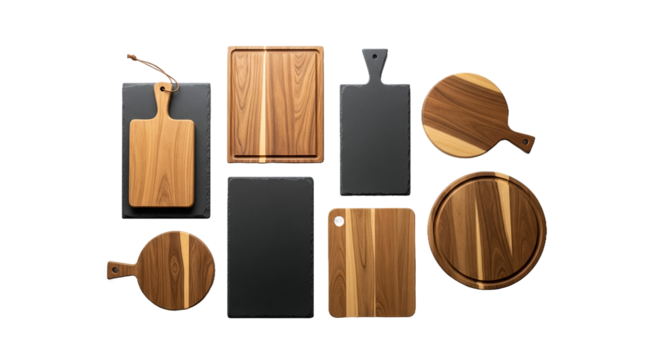 Diverse Collection of Wooden and Slate Cutting Boards. Flat Lay Assortment of Premium Kitchen Chopping Boards and Serving Platters for Food Preparation, Charcuterie, and Elegant Presentation on a