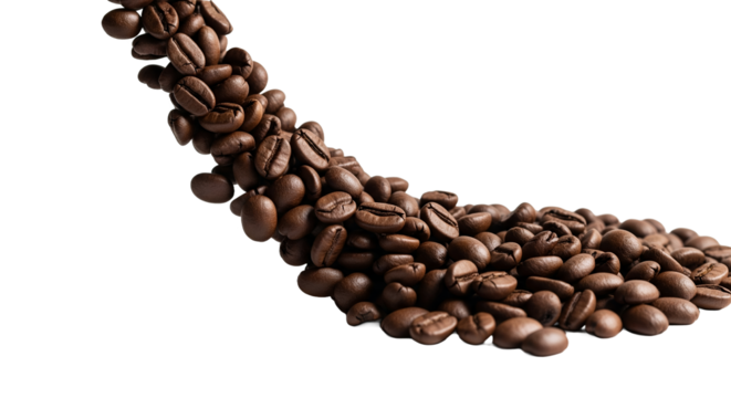 Dynamic cascade of rich roasted coffee beans against a crisp white background, perfect for energizing beverage concepts, gourmet food branding, and coffee shop promotions.
