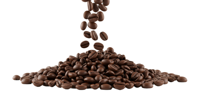 Dynamic Flow of Roasted Coffee Beans Falling onto a Growing Pile, Isolated on a Pure White Background, Evoking Freshness, Rich Aroma, and the Energizing Essence of a Premium Morning Brew.
