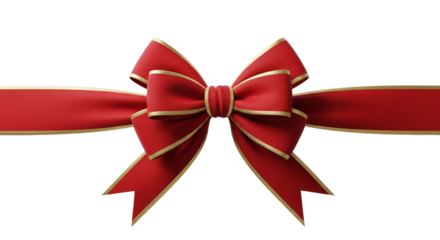 Elegant Red Bow with Golden Trimmed Ribbon on a Clean White Background, Perfect for Festive Gift Wrapping, Holiday Celebrations, and Special Occasion Designs with Ample Copy Space for Text or Logos