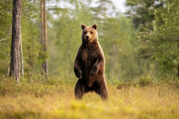 Fototapeta premium Brown bear standing on hind legs in a natural habitat, looking directly forward with a curious and alert expression