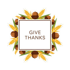 Thanksgiving themed illustration with acorns and wheat stalks framing a white square with the words 'Give Thanks'.