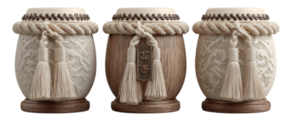 Decorative Ceramic Jars with Rope Detail and Tassels on Isolated Transparent Background