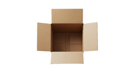 Empty Open Corrugated Cardboard Shipping Box with Flaps Up, Isolated on a Clean White Background from Overhead Perspective, Ideal for E-commerce, Packaging, Delivery, Moving, and Storage Concepts