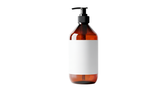 Empty Brown Amber Pump Dispenser Bottle with Blank White Label Template. Ideal for Cosmetic, Skincare, Hygiene, or Cleaning Liquid Product Mockup and Branding Presentation on Minimalist White Bac