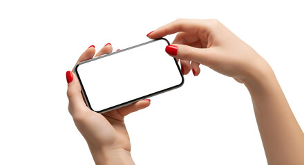 Female hands holding a modern smartphone horizontally with a blank white screen, perfect for content insertion. Isolated on a clean white background, ideal for technology mockups, app showcases,
