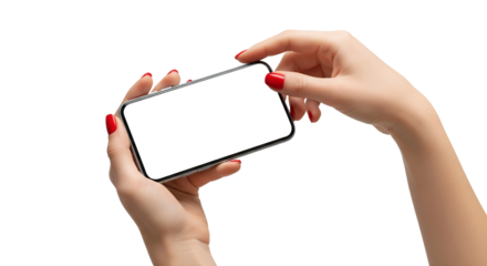 Female hands holding a modern smartphone horizontally with a blank white screen, perfect for content insertion. Isolated on a clean white background, ideal for technology mockups, app showcases,
