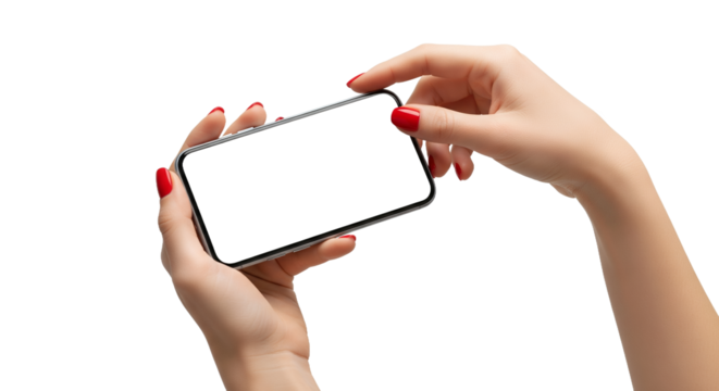 Female hands holding a modern smartphone horizontally with a blank white screen, perfect for content insertion. Isolated on a clean white background, ideal for technology mockups, app showcases,