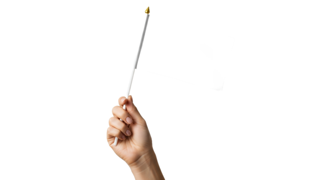 Flag held by a hand, isolated on white, blank surface, waving, white flag.