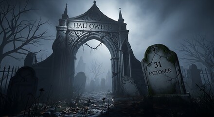 A foggy Halloween graveyard archway with tombstones