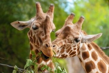 Naklejka premium Giraffes pair sharing a tender moment while feeding on green leaves, highlighting wildlife love and natural behavior