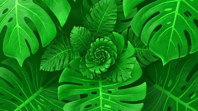 Abstract animated pattern of vibrant green tropical leaves subtly unfolding and creating a looping organic background, futuristic design texture, technology, creative