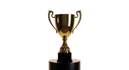 Golden trophy on a black pedestal against a soft background