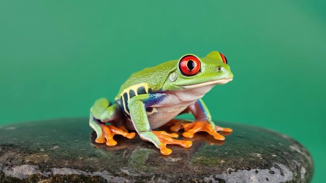 Bright red-eyed tree frog resting on a green background, highlighting its vivid colors, distinctive red eyes, and the charm of tropical amphibian wildlife in a conceptual nature setting