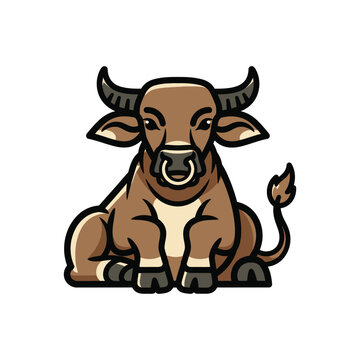 A detailed illustration of a brown bull with horns and a nose ring, sitting.