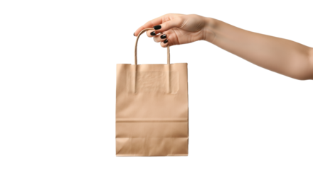 Hand holding a brown paper shopping bag