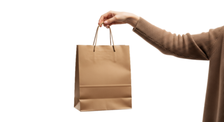 Hand holding a brown paper shopping bag against a white background.