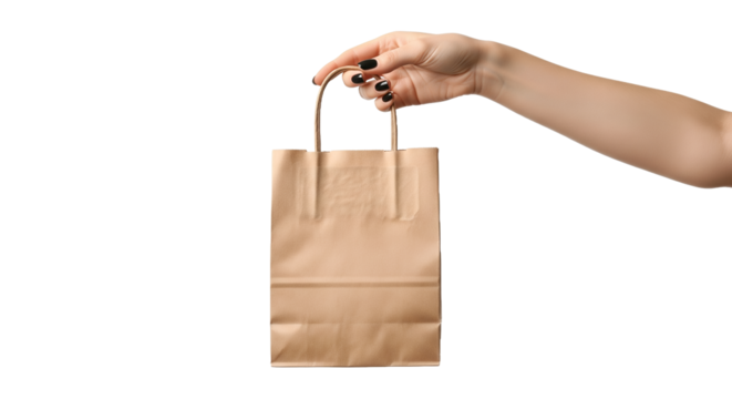 Hand holding a brown paper shopping bag