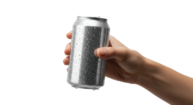 Hand Holding a Chilled Silver Aluminum Beverage Can with Condensation and Water Droplets on a Clean White Background, Ideal for Refreshing Drink Advertisements, Product Mockups, and Summer Hydrat