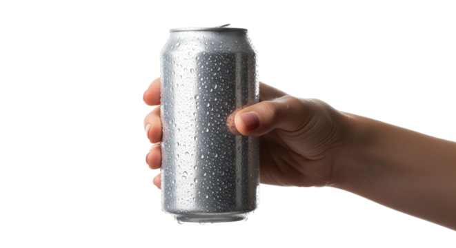Hand holding a cold, unbranded silver aluminum beverage can covered in refreshing condensation and water droplets on a clean white background, ideal for product mockups and cool beverage promotions.