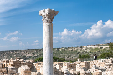 Majestic corinthian column standing in Kourion archaeological site in Cyprus