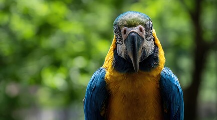 Close up of a vibrant blue and yellow macaw looking directly at the viewer, showing colorful feathers in a natural setting