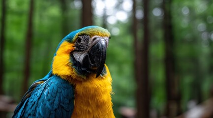Macaw parrot with vibrant blue and yellow feathers looking at the camera, blurred green forest in background
