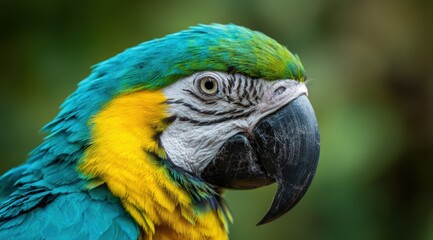 Fototapeta premium Blue and yellow Macaw parrot wildlife portrait, showing colorful feathers and details of its eye and beak