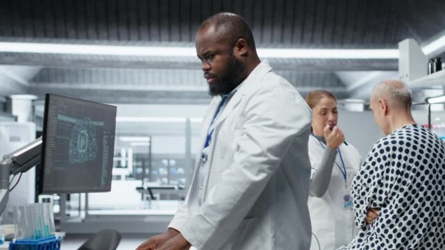 Scientist does testing on patient in clinical study with AI analysis and tech, measuring dosage effects and research with neural networks. Evaluating side effects to advance pharmacology. Camera B.