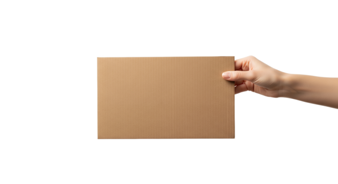 Hand Holding Blank Cardboard Sheet on White Background
