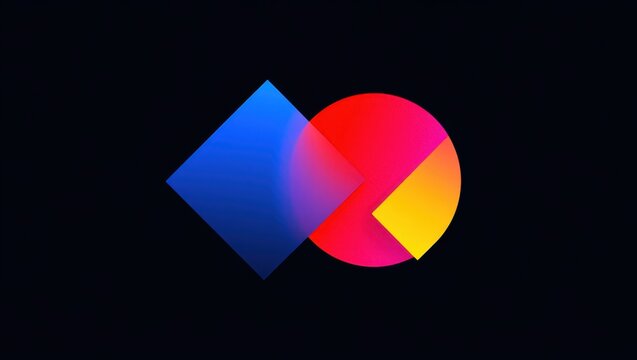 Colorful geometric shapes including a blue square and red circle blend harmoniously against a dark backdrop, creating a visually striking composition that evokes modern design aesthetics