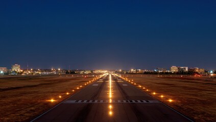 Fototapeta premium A nighttime runway stretches into a city skyline, illuminated by warm lights and marking the path for air travel.